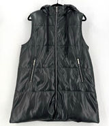 Vigoss Women L Black Faux Leather Hooded Long Puffer Vest Zip Pockets Moto Edgy Photo 0