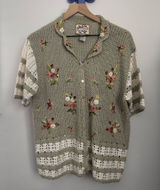 VTG Large Short Sleeve Cardigan Button‎ Up Embroidered Floral Sage Green Crochet Photo 0