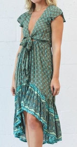 Sea Lustre Sunny Days Lotus Green Teal Boho Tie Front High Low Ruffle Dress S/M Photo 0
