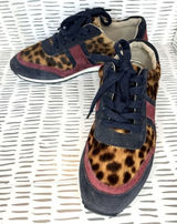 Boden‎ Womens Leopard Calf Hair Suede Sneakers Brown Navy Burgundy Lace Up 37/6 Photo 0