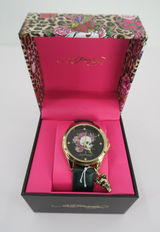 Ed Hardy Women Watch Gold Tone Skull Roses Black Strap Tattoo Art New In‎ Box Photo 0