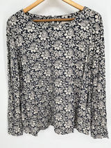 LOFT Blouse Women L Navy Blue White Floral Paisley Long Sleeve Keyhole Back Photo 0