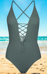 NEW Cupshe Ribbed Sage Green V-Neck Lacey Vacation One Piece Swimsuit Size S Photo 0