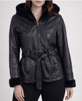PELLE Black Genuine Leather Hooded Belted Faux Fur Lined Full Zip Jacket‎ Size L Photo 0