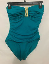 La Blanca Blue Gold Medallion Halter‎ Ruched One Piece Swimsuit Size 6 Photo 0