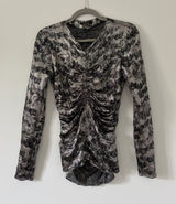 Isabel Marant Diego Floral Ruched Print Stretch Silk Blend Silver Black Top 36 Photo 0