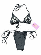 Strawberry Milk Bob Triangle Bikini Set Small Black Pearl Floral Beaded NWT Photo 0