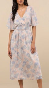 Lulus Subtle Romance‎ Beige Blue Floral Ruffle Flutter Sleeve Midi Dress Size XL Photo 0