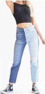 REVICE Two-Tone Yin Yang Distressed‎ Denim High Rise Straight Jeans Size 24 Photo 0