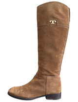 Tory Burch Wembley Suede Riding Boots Tan Tobacco Brown Gold Logo Size 8 Photo 0