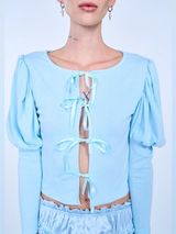 NWT Allina Liu Mitski Pointelle‎ Cardigan Baby Blue Tie Front Womens Size XXS Photo 0