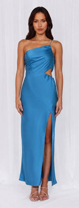 Hello Molly Blue One Shoulder Satin Maxi Dress Side Ruched Formal Gown Size 4 Photo 0