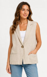 Petal & Pup Trula Oatmeal Linen Blend Sleeveless Blazer Vest M Photo 0