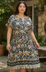 Agnes Orinda Womens 1X Floral Smocked Waist Midi Dress Black Daisy Boho 6351 Photo 0