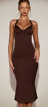 Oh Polly Elyra Satin Sweetheart Bustier Fishtail Midaxi Dress Chocolate Brown 14 Photo 0