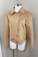 Halston Moto Jacket Faux Suede‎ Tan Zip Up Biker Coat Size 4 Photo 0