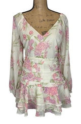Showpo White Pink Floral Long Sleeve Mini Dress Ruched Waist Coquette Size 6‎ Photo 0