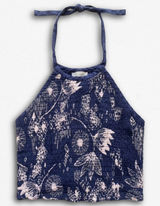 Urban Outfitters Navy Blue Pink Floral Smocked Halter Crop Top XS Boho Summer Photo 0
