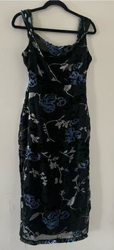 Lulus Black Blue Floral Velvet Burnout Midi Dress Small Romantic Wedding Guest Photo 0