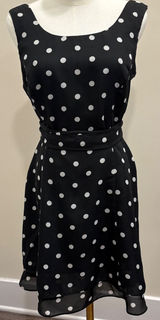 90s Scarlett Black White Polka Dot Fit Flare Dress Criss Cross Back Waist Tie‎ S Photo 0