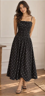 Trixxi Los Angeles Black White Polka Dot Ruched Drop Waist Midi Dress S Photo 0