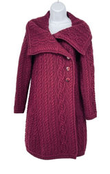 Aran Sweater Knit Merino Wool Burgundy Duster‎ Cardigan Sweater Size S Fisherman Photo 0