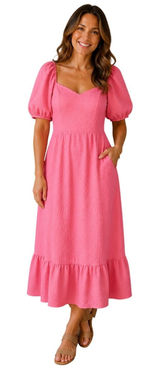 TCEC Tech Textured Pink Puff Sleeve Midi Dress Coquette Barbiecore M Wedding‎ Guest Photo 0