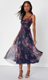 NWOT Lulus Alluring Invite Midnight Blue Floral Pleated Bustier Midi Dress S Photo 0