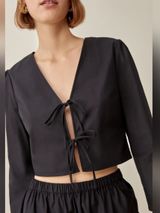 Reformation Medium NEW Hanna Top Black Organic Tie Front Crop Boxy Fit Business Photo 0