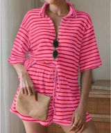 Knit Casual Striped Sports Tracksuit, Including Turndown Collar Button-Up Shirt Top Photo 0