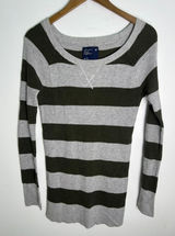 American Eagle Outfitters Striped Thermal Sweater Olive Gray XL Y2K Collegiate Photo 0