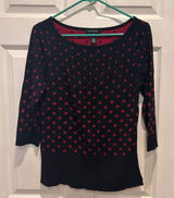 White House Black Market WHBM Black Red Polka Dot 3/4 Sleeve‎ Knit Top Large Mod Photo 0