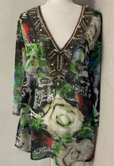 Solitaire Ravi Khosla Embellished V-Neck Caftan Swim Beach Coverup M Boho Print Photo 0