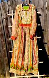 Mooerkerr Green/Orange Long Sleeve Maxi Dress Medium Photo 0
