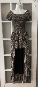 Muche et Muchette Black Gold Floral Smocked High-Low Tiered Ruffle Maxi Dress‎ Photo 0