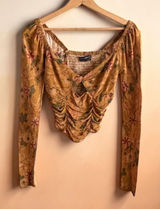 Urban Outfitters Mustard Floral Ruched Keyhole Long Sleeve Crop Top Medium Photo 0