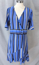 Band Of Gypsies Blue Striped Faux Wrap Dress Flutter Sleeve‎ Ruffle Hem L Photo 0
