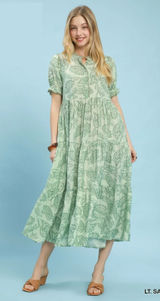 Umgee Paisley Print Tiered Midi Dress - Sage - Small Photo 0