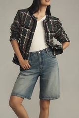 Anthropologie Plaid Bouclé Collarless Jacket in Teal, Black, White, Pink Photo 0