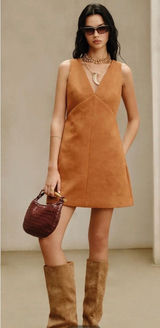 NWT COMMENSE Suede V-Neck Sleeveless Mini Dress Light Brown XS Photo 0