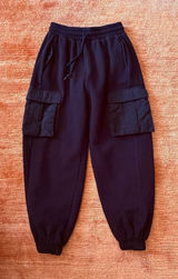 Women Black Cargo Jogger Pants Mixed Media Fleece Nylon Pockets Size M Photo 0