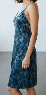 Free People Say it Twice Blue Velvet Slip Dress with Black Damask Print Photo 0