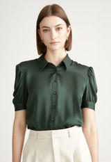 Quince Washable Stretch Silk Puff Sleeve Blouse Forest Green Sz M Contemporary Photo 0