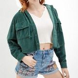 American Eagle Hooded Cropped Corduroy Button-Up Shirt Jacket Hunter Green Photo 0