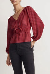 Madewell Red Gingham Plaid Peplum Blouse XS Smocked Tie Front Balloon Sleeve Top Photo 0
