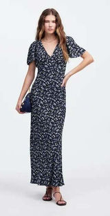 Madewell Seamed Flutter Sleeve Maxi Dress Navy Floral V-Neck NU512 Size 0 Photo 0