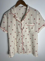 LG Cherry Print Pajama Top Cream Red Piping Short Sleeve Button Down Girly Photo 0