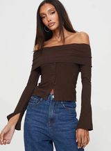 Princess Polly Parveen Brown Ribbed Off Shoulder Long Sleeve Crop Top Blouse 4 Photo 0