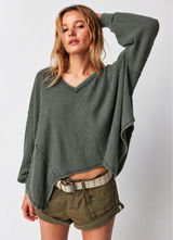 We The Free Green Coraline Thermal V-Neck Waffle Knit Top XS Photo 0