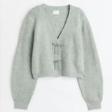 H&M Womens‎ Sage Icy Green Rhinestone Bow Cropped Coquette Cardigan Sweater XS Photo 0